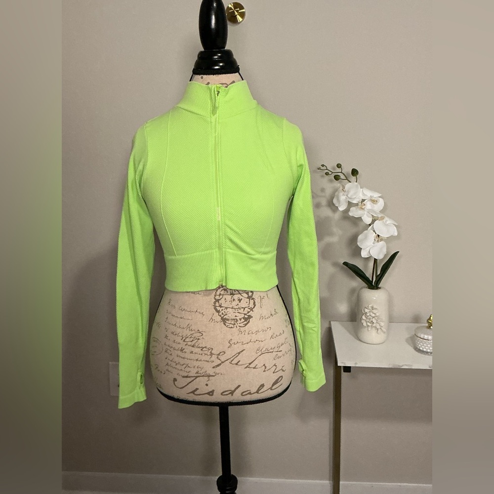 Neon Green Women's Zip-Up Crop Top - Picture 3 of 6